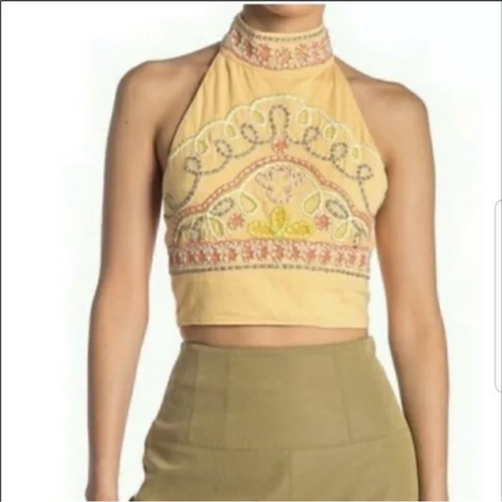 Free People Tank Halter Crop Beaded Embroidered